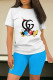 Blue Casual Letters Patchwork Contrast O Neck Short Sleeve Two Pieces