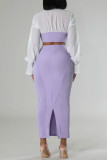Light Purple Elegant Patchwork Slit Ruched Contrast V Neck Long Sleeve Two Pieces