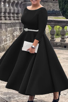 Black Elegant Solid Color Patchwork Zipper O Neck A Line Dresses