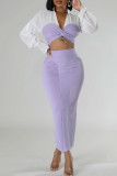 Light Purple Elegant Patchwork Slit Ruched Contrast V Neck Long Sleeve Two Pieces