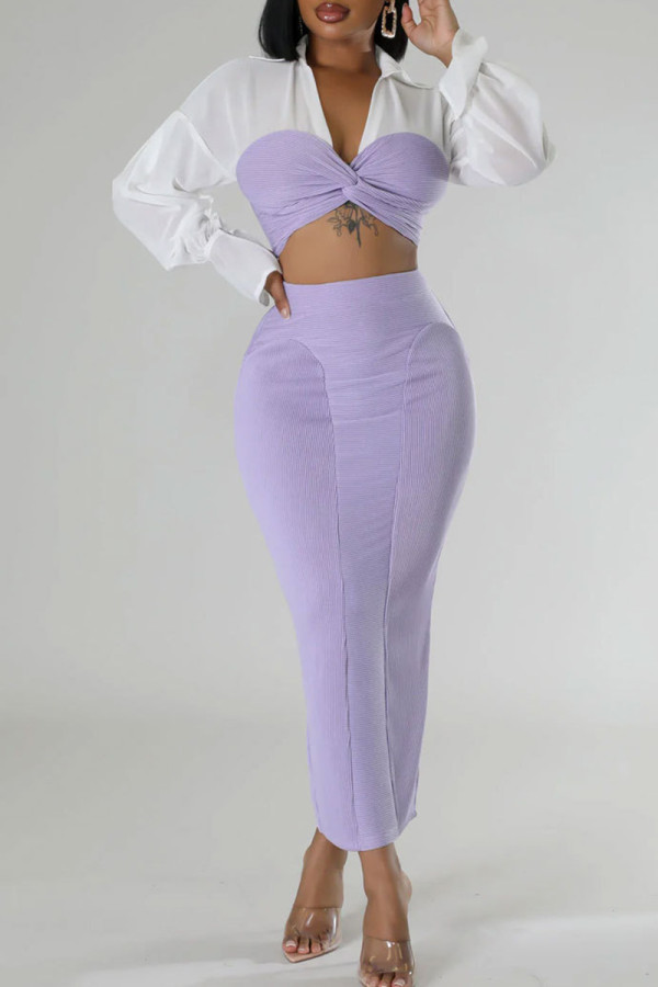 Light Purple Elegant Patchwork Slit Ruched Contrast V Neck Long Sleeve Two Pieces