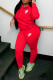 Red Casual Street Letters Embroidered Draw String Hooded Long Sleeve Two Pieces