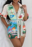 Light Green Casual Print With Belt Turndown Collar Shirt Dresses