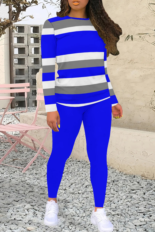 Blue Casual Stripe Patchwork O Neck Long Sleeve Two Pieces