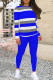 Blue Casual Stripe Patchwork O Neck Long Sleeve Two Pieces