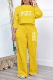 Pink Casual Street Letter Print Draw String O Neck Long Sleeve Two Pieces
