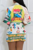 Light Green Casual Print With Belt Turndown Collar Shirt Dresses