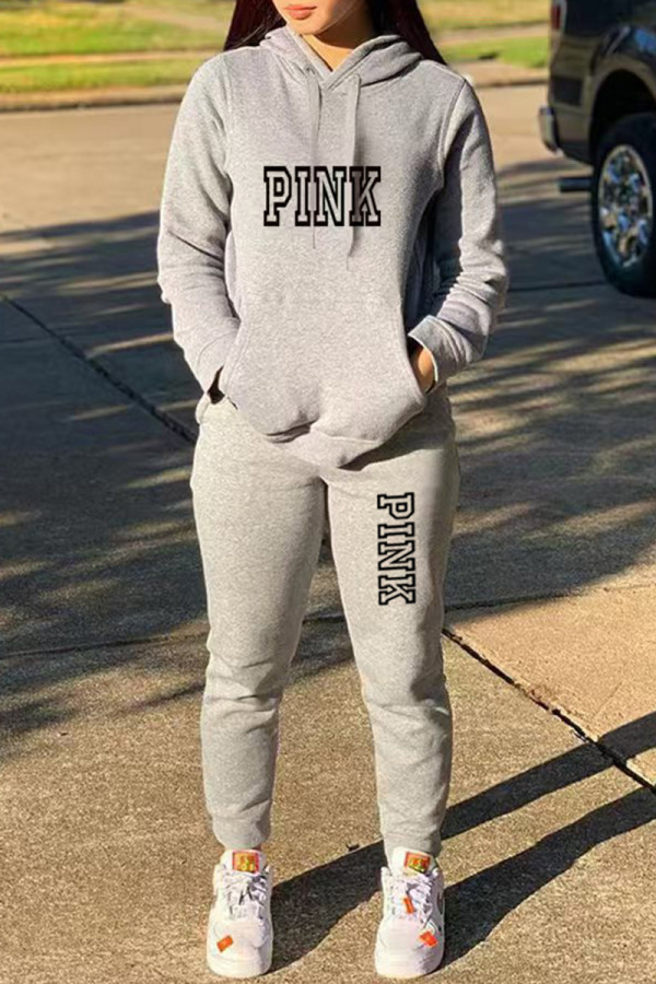 Grey Casual Street Letter Print Draw String Pocket Hooded Long Sleeve Two Pieces