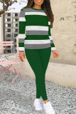 Red Casual Stripe Patchwork O Neck Long Sleeve Two Pieces