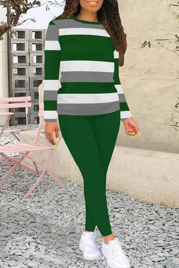 Green Casual Stripe Patchwork O Neck Long Sleeve Two Pieces