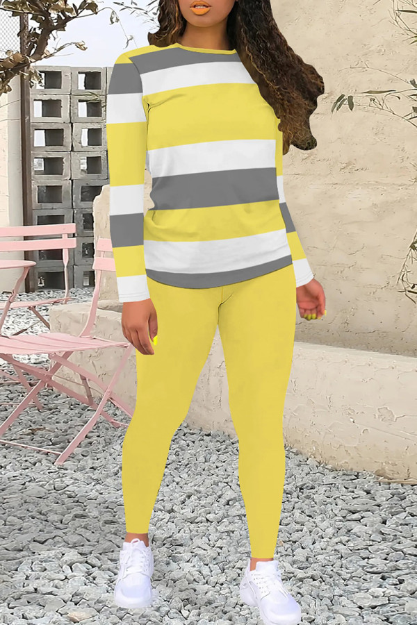 Yellow Casual Stripe Patchwork O Neck Long Sleeve Two Pieces