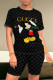 Black Casual Letters Patchwork Contrast O Neck Short Sleeve Two Pieces