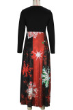 Red Elegant Print Patchwork O Neck Long Dresses