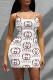 White Sexy Letter Print Contrast U Neck Printed Dresses