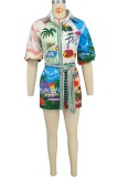 Light Green Casual Print With Belt Turndown Collar Shirt Dresses