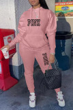 Color Blue Casual Street Letter Print Draw String Pocket Hooded Long Sleeve Two Pieces