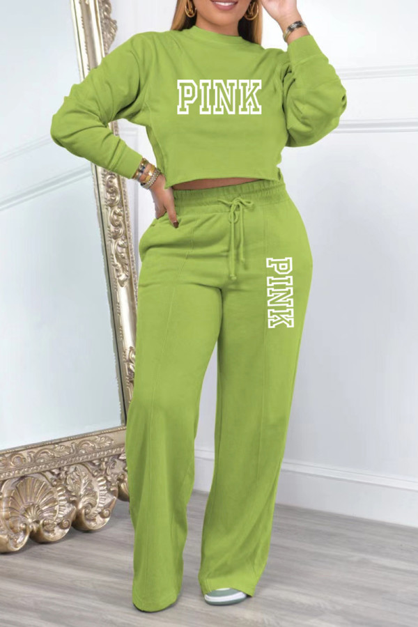 Green Casual Street Letter Print Draw String O Neck Long Sleeve Two Pieces