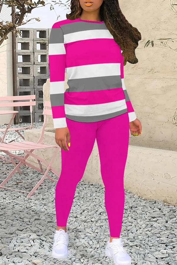 Rose Red Casual Stripe Patchwork O Neck Long Sleeve Two Pieces