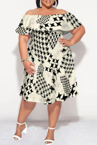 Beige Sexy The stars Letter Print Ruffle Contrast Off Shoulder Printed Plus Size Dresses