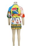 Light Green Casual Print With Belt Turndown Collar Shirt Dresses