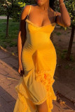 Yellow Sexy Solid Color Patchwork Backless Ruched Spaghetti Strap Sling Dresses