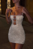 Khaki Sexy Hollow Out Patchwork Backless Spaghetti Strap Sling Dresses