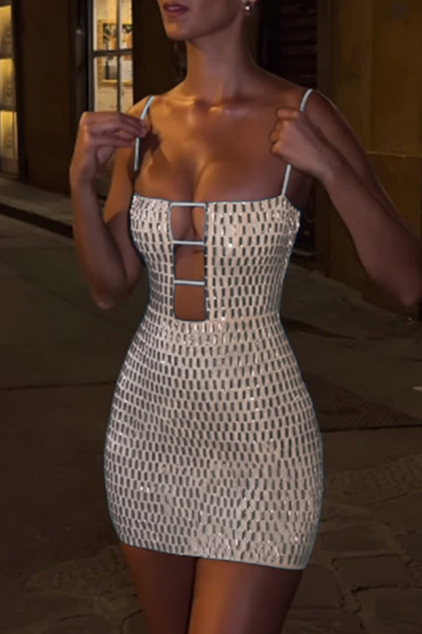 Khaki Sexy Hollow Out Patchwork Backless Spaghetti Strap Sling Dresses