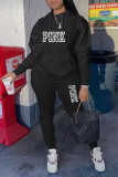 Color Blue Casual Street Letter Print Draw String Pocket Hooded Long Sleeve Two Pieces
