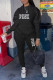 Black Casual Street Letter Print Draw String Pocket Hooded Long Sleeve Two Pieces