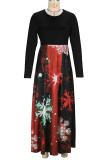 Red Elegant Print Patchwork O Neck Long Dresses