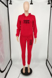 Color Blue Casual Street Letter Print Draw String Pocket Hooded Long Sleeve Two Pieces