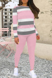 Red Casual Stripe Patchwork O Neck Long Sleeve Two Pieces