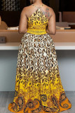 Yellow Elegant Leopard Print Patchwork Backless High Slit Spaghetti Strap Sling Dresses