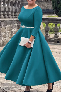 Green Elegant Solid Color Patchwork Zipper O Neck A Line Dresses