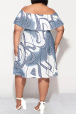 Gray Blue Sexy The stars Letter Print Ruffle Contrast Off Shoulder Printed Plus Size Dresses