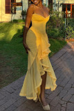 Yellow Sexy Solid Color Patchwork Backless Ruched Spaghetti Strap Sling Dresses