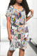 Gray White Casual Letter Print Pocket Contrast V Neck Printed Short Sleeve Dress