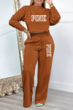 Pink Casual Street Letter Print Draw String O Neck Long Sleeve Two Pieces