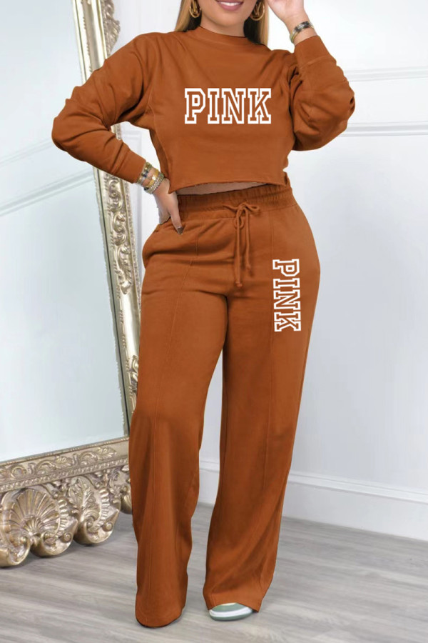 Brown Casual Street Letter Print Draw String O Neck Long Sleeve Two Pieces
