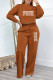 Brown Casual Street Letter Print Draw String O Neck Long Sleeve Two Pieces