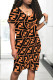 Orange Black Casual Letter Print Pocket Contrast V Neck Printed Short Sleeve Dress