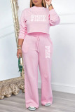 Pink Casual Street Letter Print Draw String O Neck Long Sleeve Two Pieces