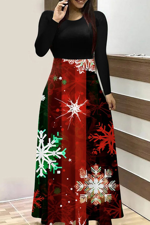 Red Elegant Print Patchwork O Neck Long Dresses