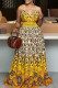 Yellow Elegant Leopard Print Patchwork Backless High Slit Spaghetti Strap Sling Dresses