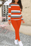 Red Casual Stripe Patchwork O Neck Long Sleeve Two Pieces