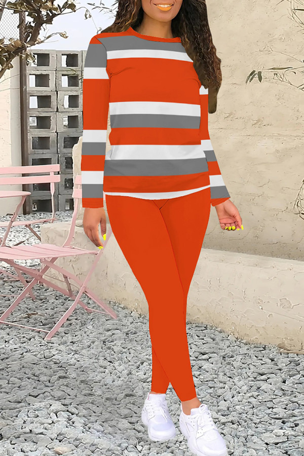 Tangerine Red Casual Stripe Patchwork O Neck Long Sleeve Two Pieces
