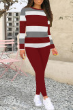 Red Casual Stripe Patchwork O Neck Long Sleeve Two Pieces
