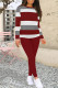 Burgundy Casual Stripe Patchwork O Neck Long Sleeve Two Pieces