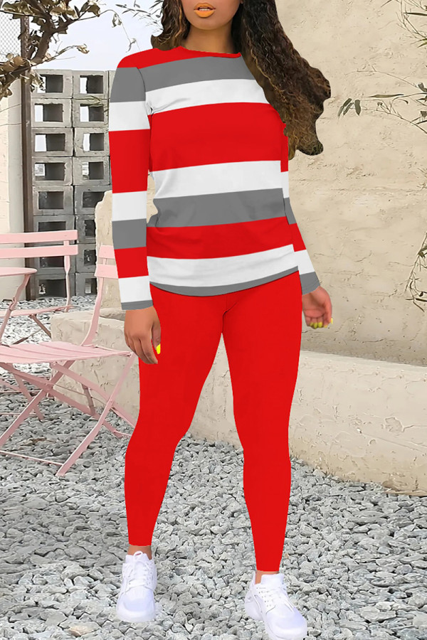 Red Casual Stripe Patchwork O Neck Long Sleeve Two Pieces