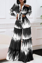 Black Casual Print Patchwork Strap Design Deep V Neck Long Sleeve Two Pieces
